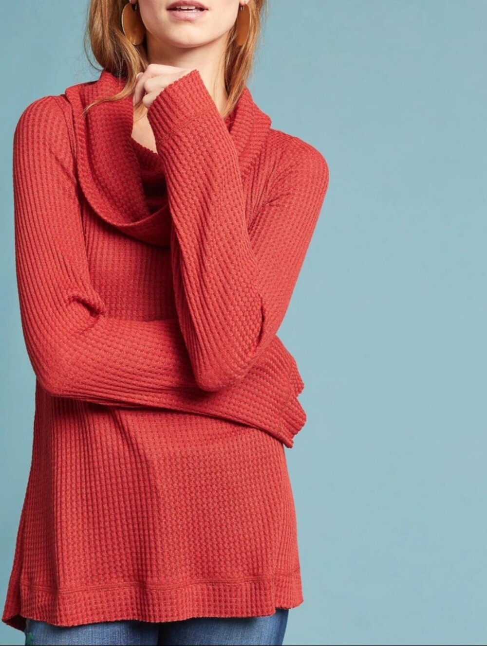 NWT ANTHROPOLOGIE MEADOW RUE RED LONG SLEEVE COWLED THERMAL TUNIC TOP Size XL